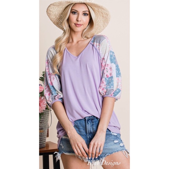 ❤️LAST 1! V Neck Lavender Contrast Patch Pattern Super Soft Top! - Picture 5 of 8